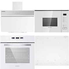 Комплект Maunfeld варочная панель CVI604SBEXWH Inverter + духовой шкаф EOEH.5811W + микроволновая печь MBMO.20.8GW + вытяжка MZR 60 белое стекло